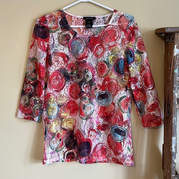 Alison Sheri women’s top size S colourful lace blouse 3/4 sleeve - Picture 2 of 6